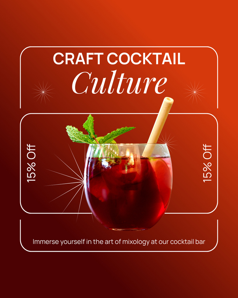 Discount on Craft Drinks with Cocktail in Glass with Straw Instagram Post Vertical – шаблон для дизайна