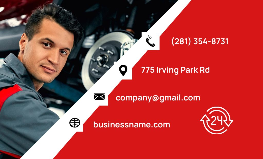 Car Repair Service Ad on Red Business Card 91x55mm Design Template