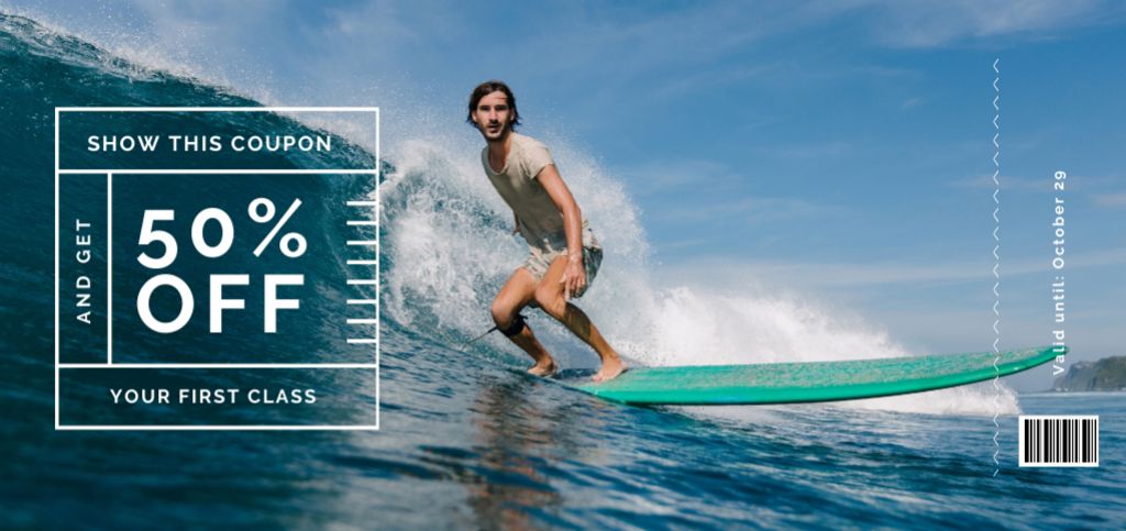 Surfing Classes Offer with Man on Surfboard Coupon Din Large – шаблон для дизайну