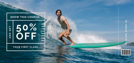 Modèle de visuel Offre de cours de surf avec homme sur planche de surf - Coupon Din Large