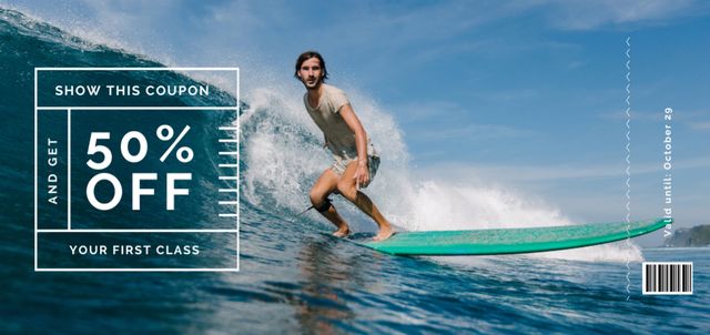 Designvorlage Surfing Classes Offer with Man on Surfboard für Coupon Din Large