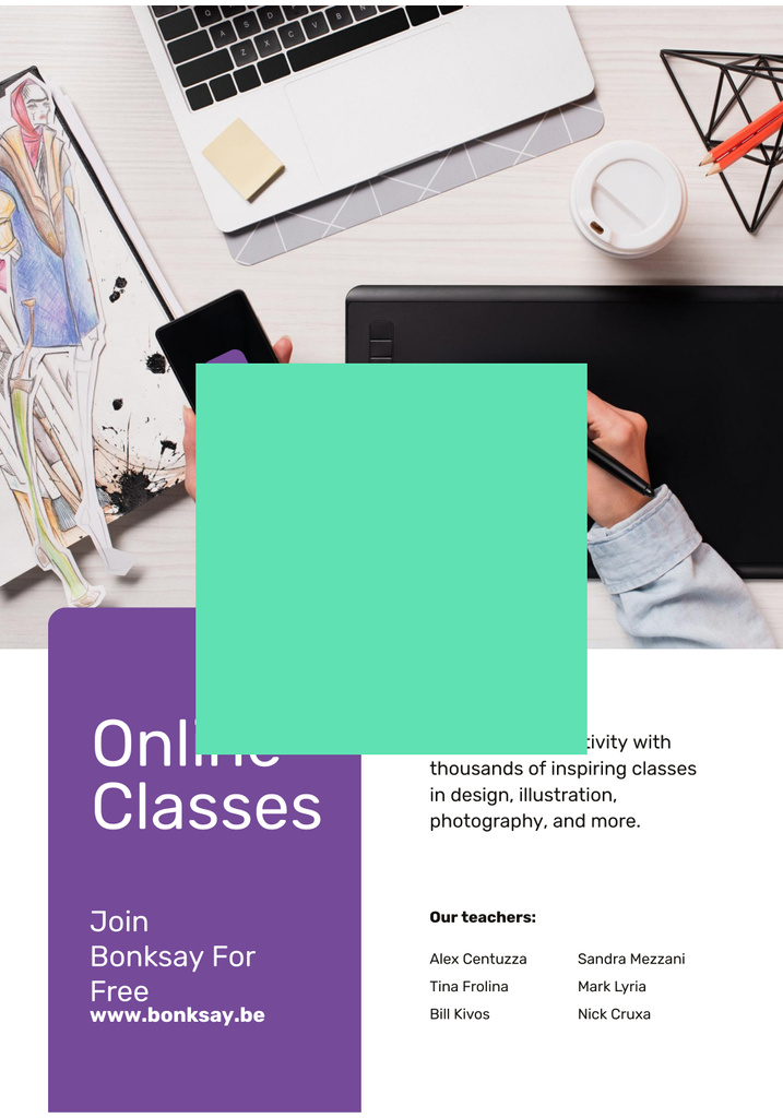 Online Art Classes Offer with laptop and drawings Poster 28x40in – шаблон для дизайна