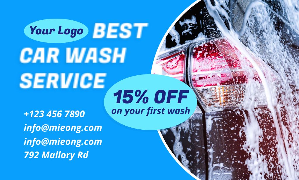 Offer of Best Car Wash Service on Blue Business Card 91x55mm Design Template