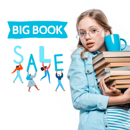 Ontwerpsjabloon van Instagram van Books Sale Announcement with Adorable Girl