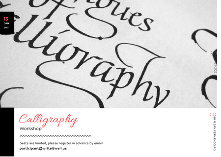 Calligraphy Workshop Announcement with Decorative Letters Postcard Design Template