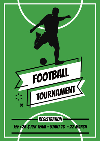 Ontwerpsjabloon van Flayer van Aankondiging voetbaltoernooi met silhouetten van speler op groen