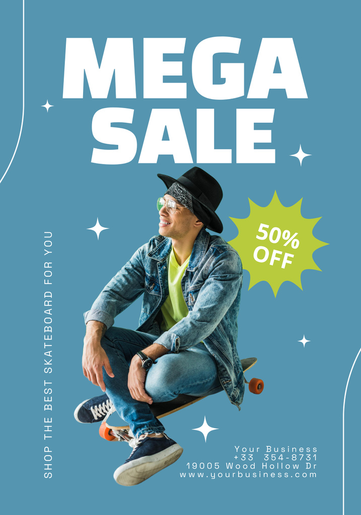 Ontwerpsjabloon van Poster 28x40in van Mega Sale with Smiling  Man on Skate
