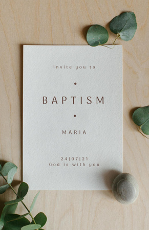 Child's Baptism Announcement with Green Plant Leaves Invitation 5.5x8.5in Design Template