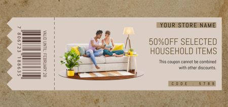 Sale of Household Goods with Women on Sofa Coupon Din Large Design Template