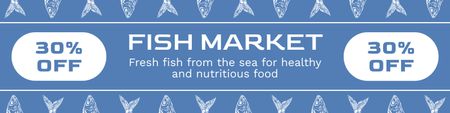 Plantilla de diseño de Oferta de descuento en mercado de pescado con patrón en azul Twitter 