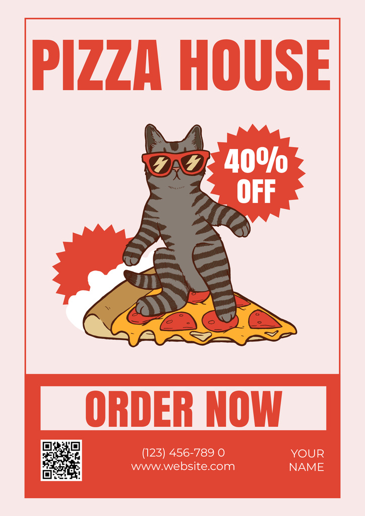 Discount on Ordering Pizza with Cartoon Cat Poster Design Template