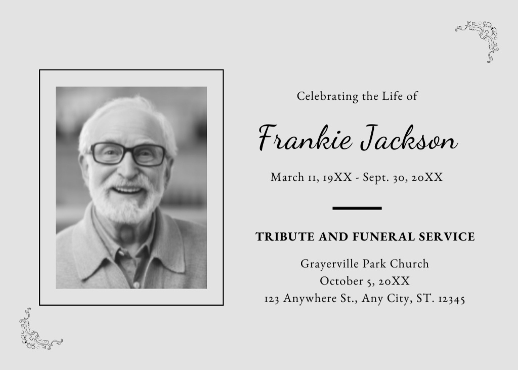 Funeral Service Invitation with Photo of Nice Smiling Man Postcard 5x7in Design Template