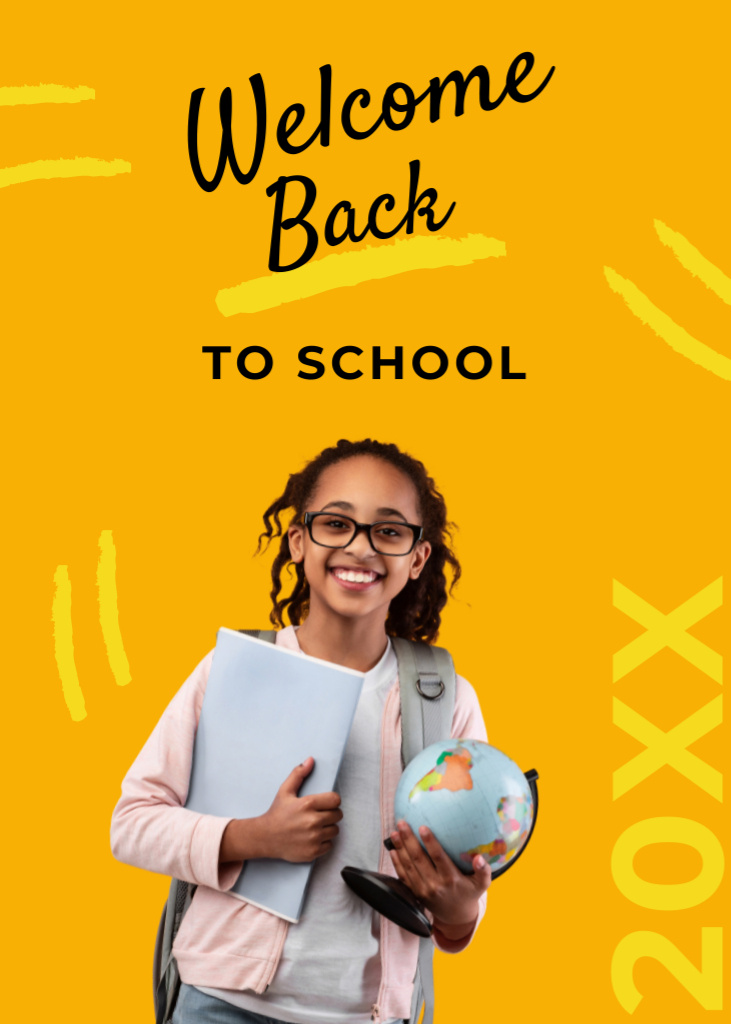 Designvorlage Student With Backpack And Books on Yellow für Postcard 5x7in Vertical