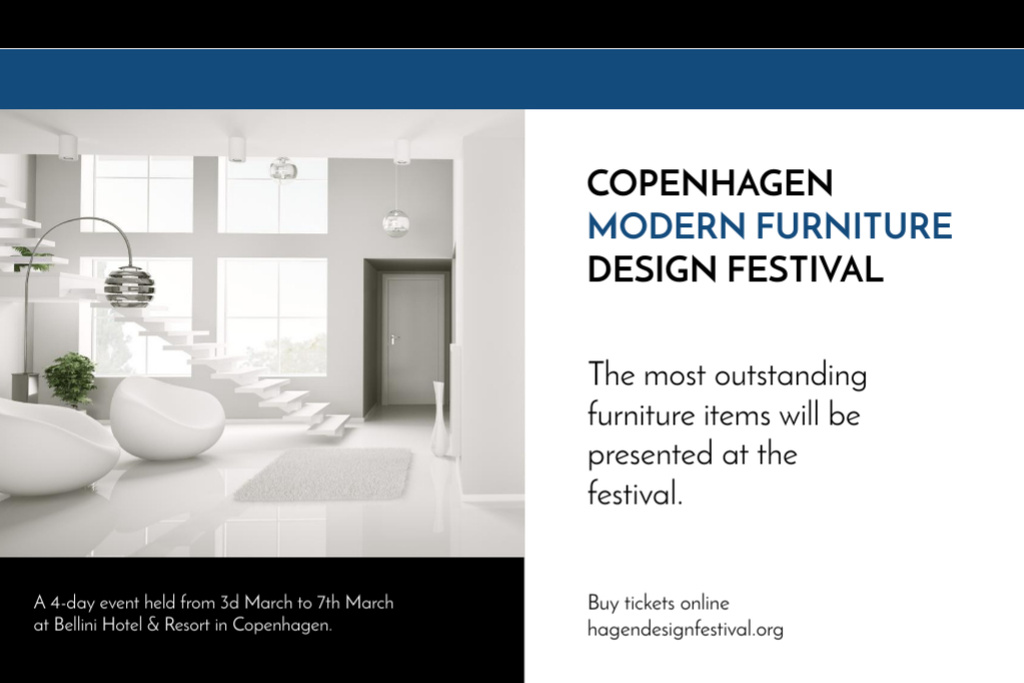 Ontwerpsjabloon van Flyer 4x6in Horizontal van Contemporary Furniture Festival Announcement with Modern Interior in White