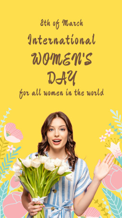 Designvorlage Frau mit Blumen am Internationalen Frauentag für Instagram Story