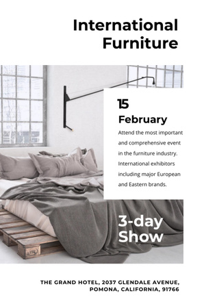 Furniture Show Announcement with Bedroom in Grey Color Flyer A7 Design Template