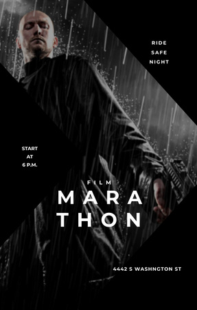 Film Marathon Ad Man with Gun under Rain Invitation 4.6x7.2in Design Template