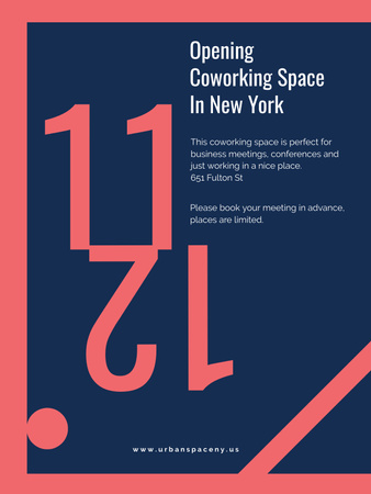 Plantilla de diseño de Anuncio minimalista de apertura de coworking en azul y rojo Poster US 