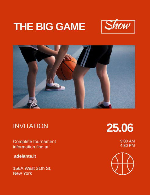 Basketball Match Announcement on Red Invitation 13.9x10.7cm Design Template