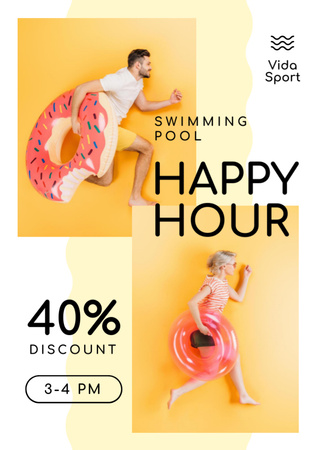 Swimming Pool Happy Hours People with Swim Rings Flyer A7 Design Template