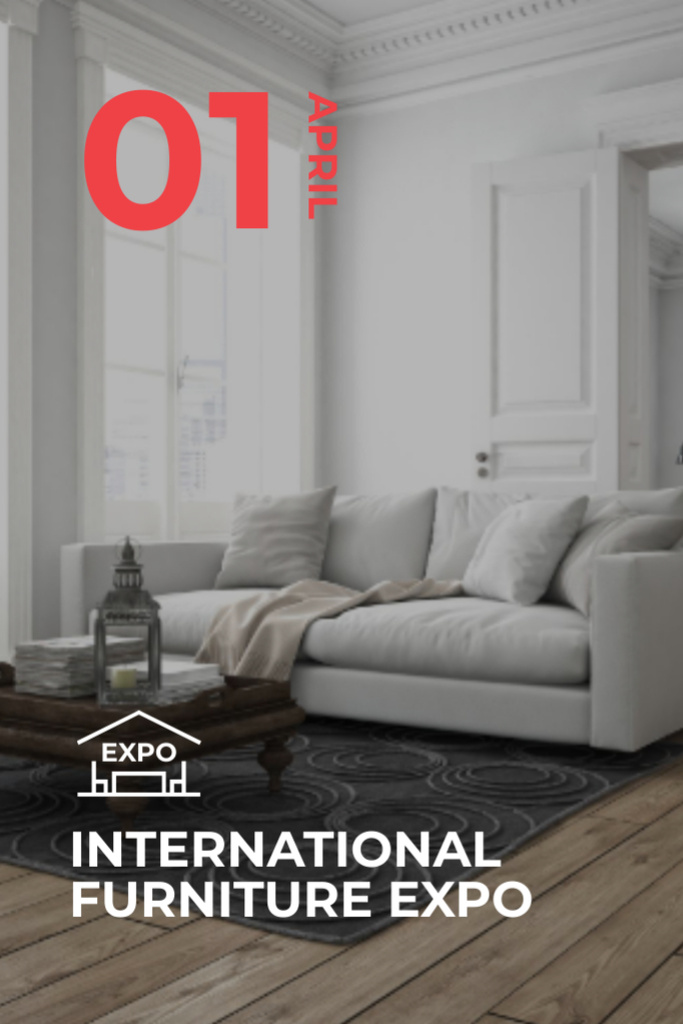 Szablon projektu Worldwide Furniture Exhibition With Cozy Living Room Postcard 4x6in Vertical