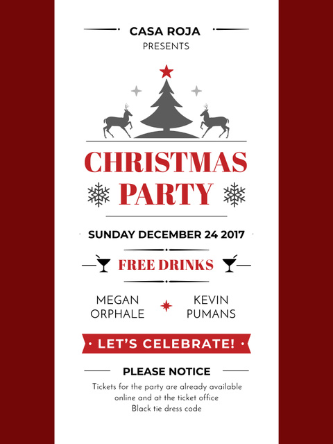 Christmas Party Invitation with Tree and Deers in Red Poster US Tasarım Şablonu