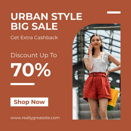 Sale Announcement  with Attractive Woman Talking on Phone Instagram Design Template