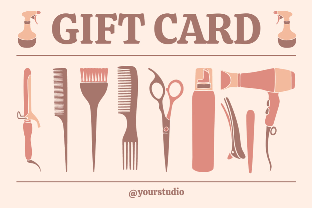 Beauty Salon Services Offer with Illustration of Tools for Hair Gift Certificate Design Template