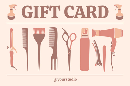 Beauty Salon Services Offer with Illustration of Tools for Hair Gift Certificate Design Template