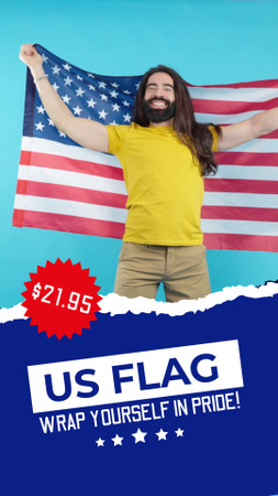 Template di design L'uomo sta avvolgendo la bandiera degli Stati Uniti per l'annuncio di vendita di bandiere Instagram Video Story