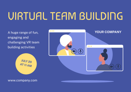 Modèle de visuel Virtual Team Building Announcement with Workers on Screen - Poster B2 Horizontal