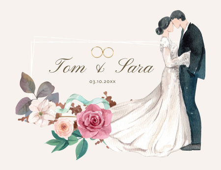 Anúncio de casamento com casal em aquarela e flores Thank You Card 5.5x4in Horizontal Modelo de Design
