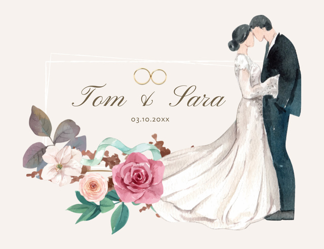 Wedding Ceremony Invitation with Watercolor Couple and Flowers Thank You Card 5.5x4in Horizontalデザインテンプレート
