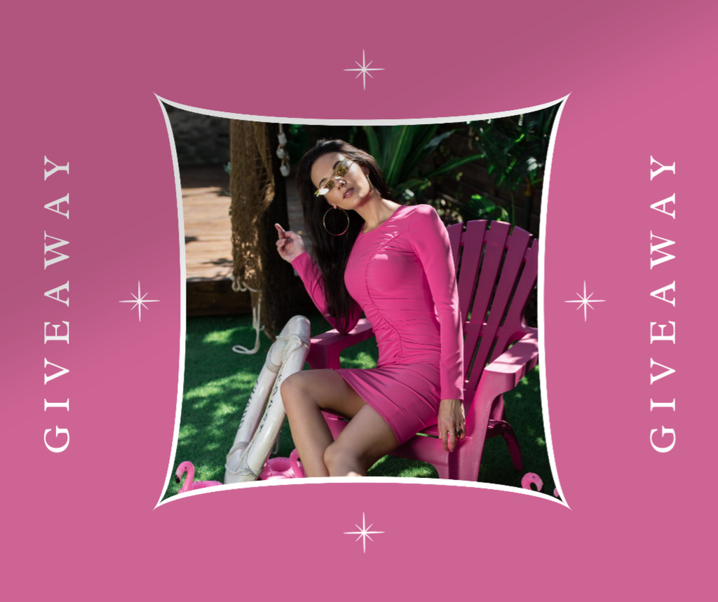 Fashion Giveaway Ad with Woman in Pink Dress Facebook Tasarım Şablonu