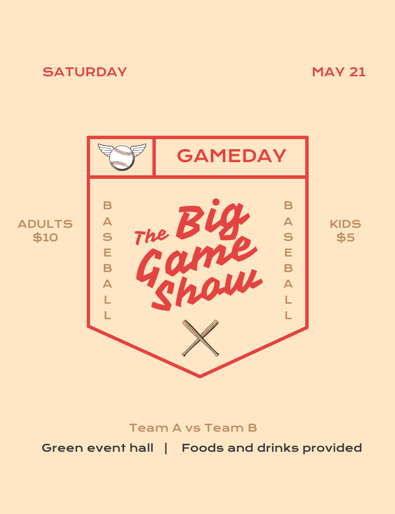 Baseball Game Retro Announcement Invitation 13.9x10.7cm Design Template