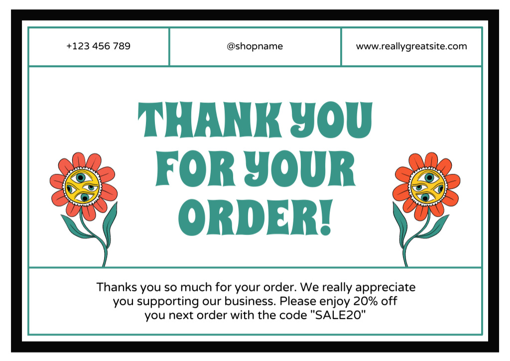 Thank You Phrase with Illustration with Eyes in Flowers Card Design Template