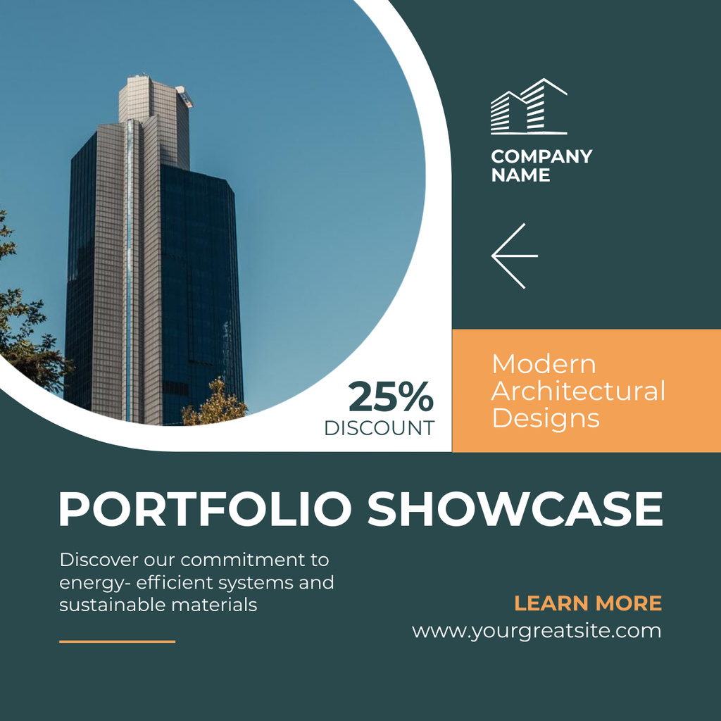 Architectural Services Ad with Modern Skyscraper in City LinkedIn postデザインテンプレート