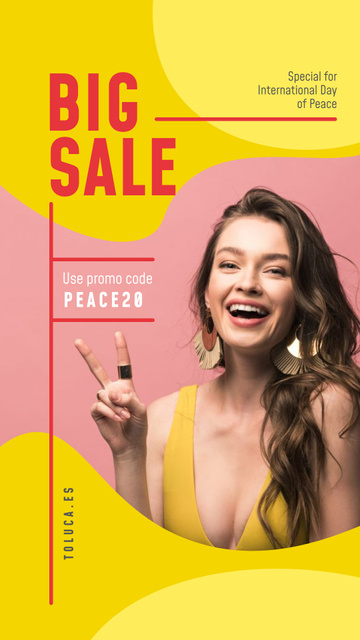Designvorlage International Day of Peace Sale Girl Showing Victory Sign für Instagram Story