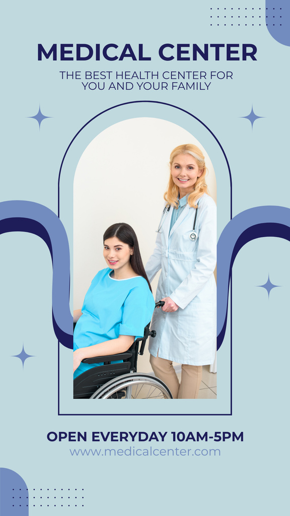 Designvorlage Healthcare Services with Patient on Wheelchair in Clinic für Instagram Story