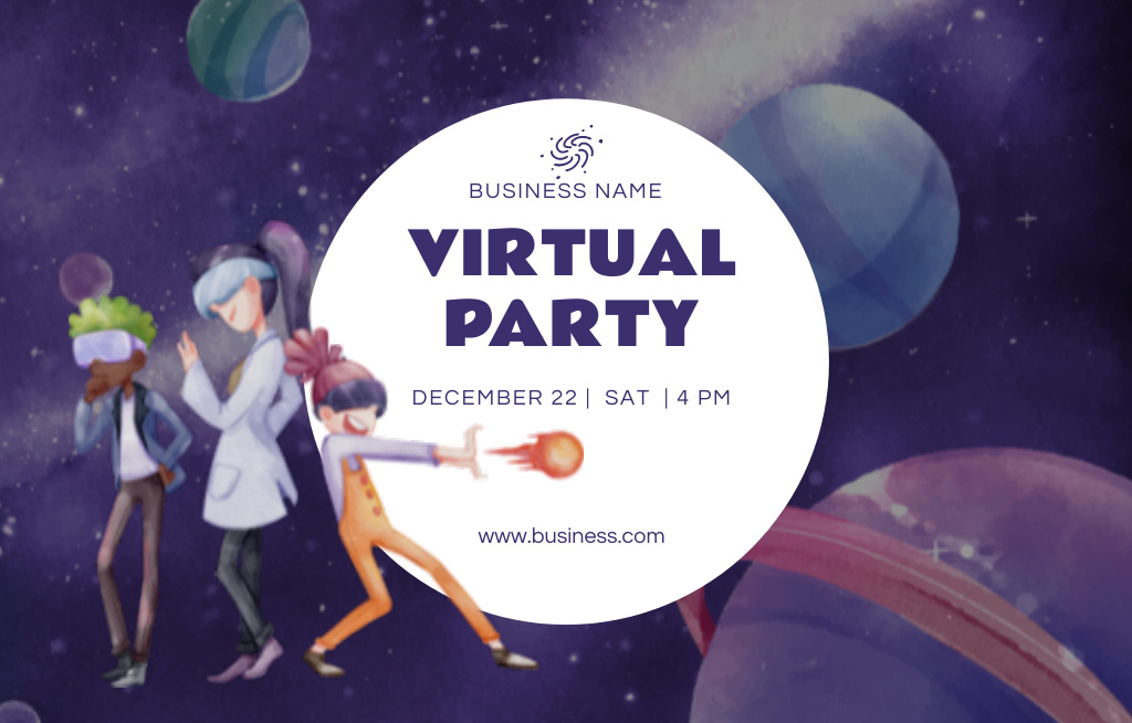 Virtual Party Ad with Planets Illustration Invitation 4.6x7.2in Horizontal Tasarım Şablonu