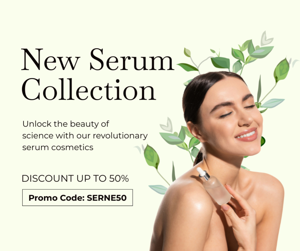 Template di design Promo of New Serum Collection with Young Smiling Woman Facebook