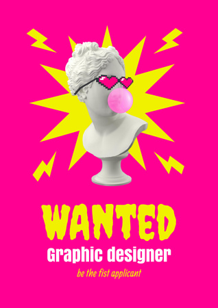 Ontwerpsjabloon van Poster van Graphic Designer Vacancy Ad with Funny Statue