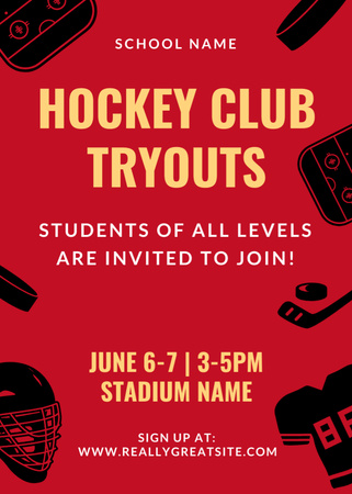 Hockey Club Tryouts Announcement with Sports Equipment Flayer Design Template