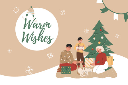 Christmas and New Year Wishes Happy Family Illustration Postcard 4x6in Design Template