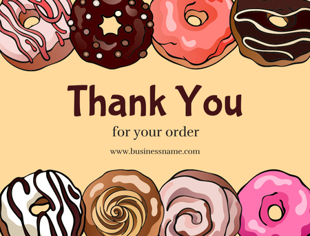 Designvorlage Bakery Gratitude For Order with Tempting Donuts Illustration für Postcard 4.2x5.5in