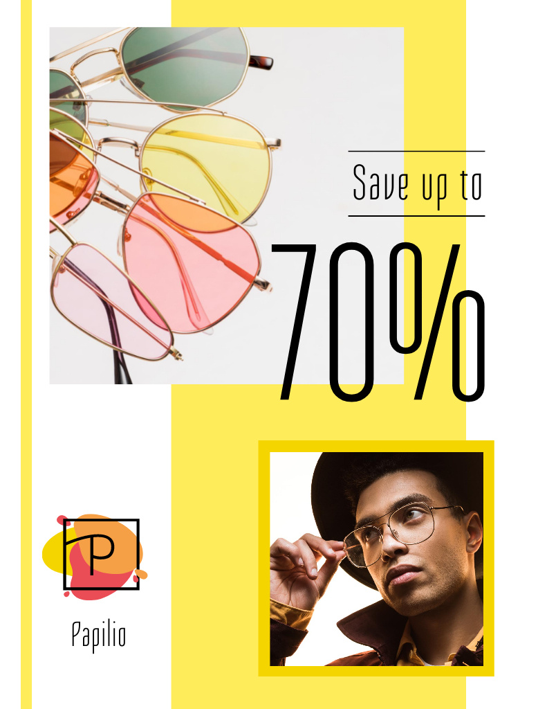 Sunglasses Discount Ad with Stylish Handsome Young Man Flyer 8.5x11in – шаблон для дизайна