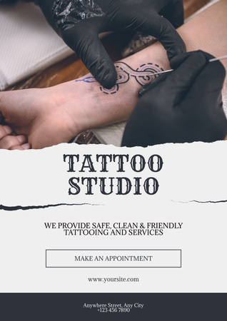 Oferta de tatuagens seguras e bonitas no estúdio Poster Modelo de Design