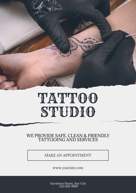 Safe And Beautiful Tattoos In Studio Offer Poster Modelo de Design