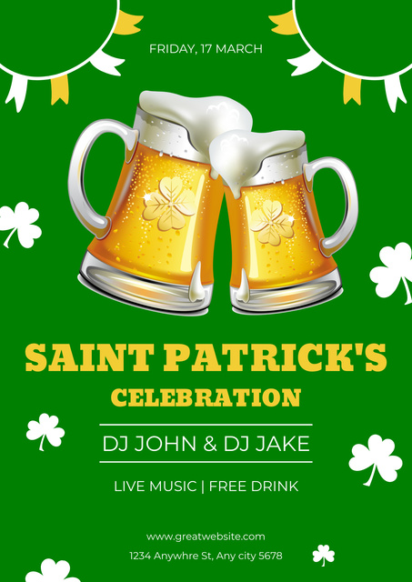 St. Patrick's Day Party with Light Beer Mugs Poster Šablona návrhu