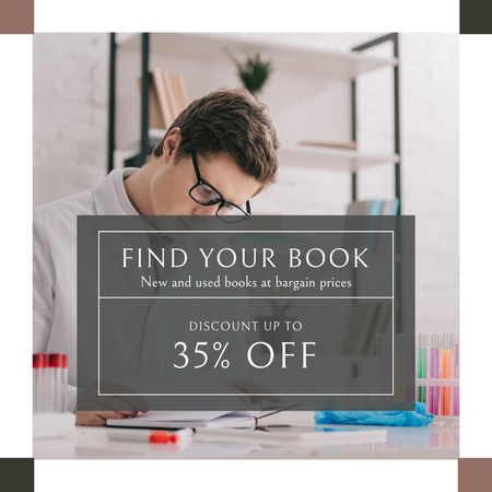 Discount Ad with Handsome Young Man Reading Book Instagram Design Template